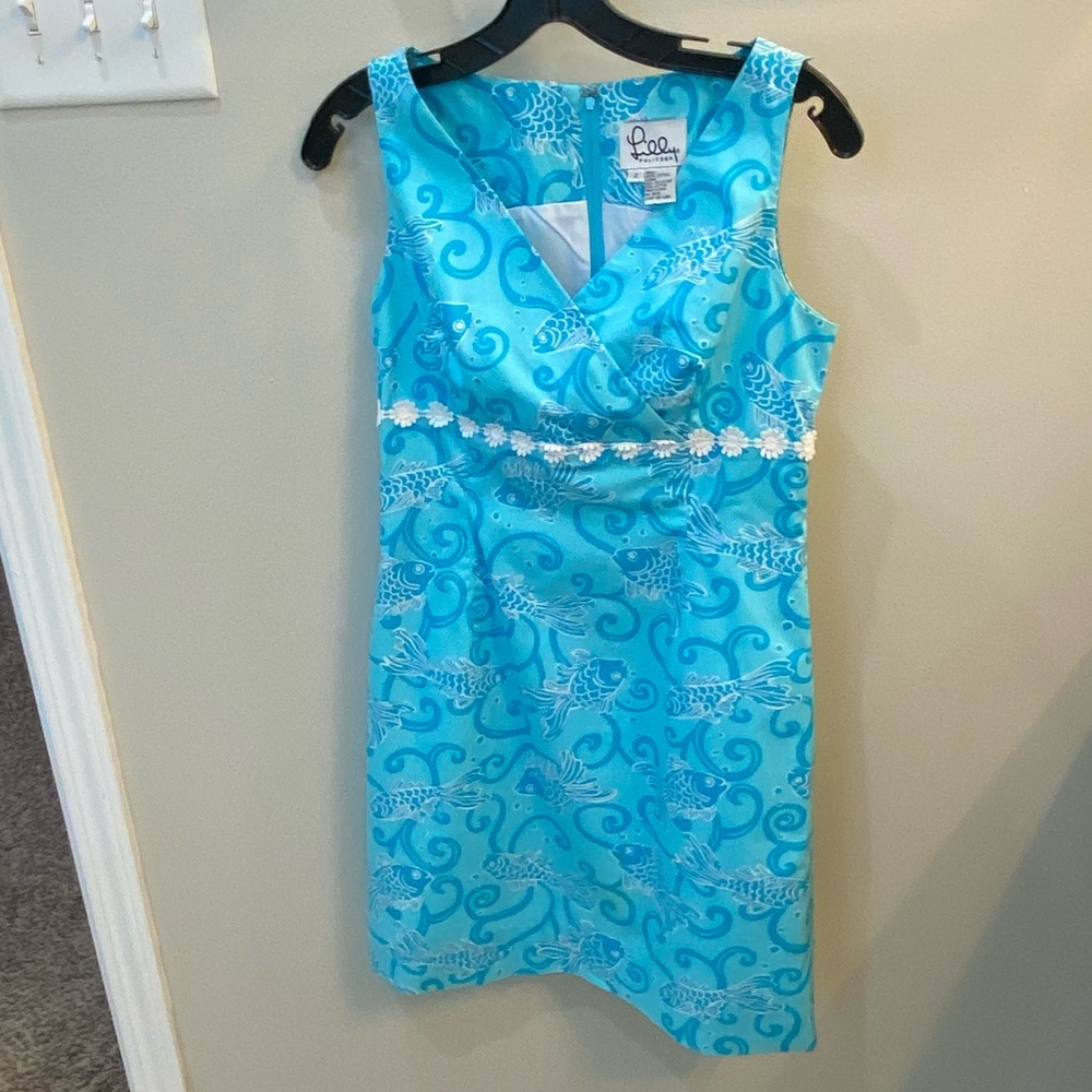 Lilly Pulitzer Staci Sleeveless Faux Wrap Dress Blue Marigoldfish 2